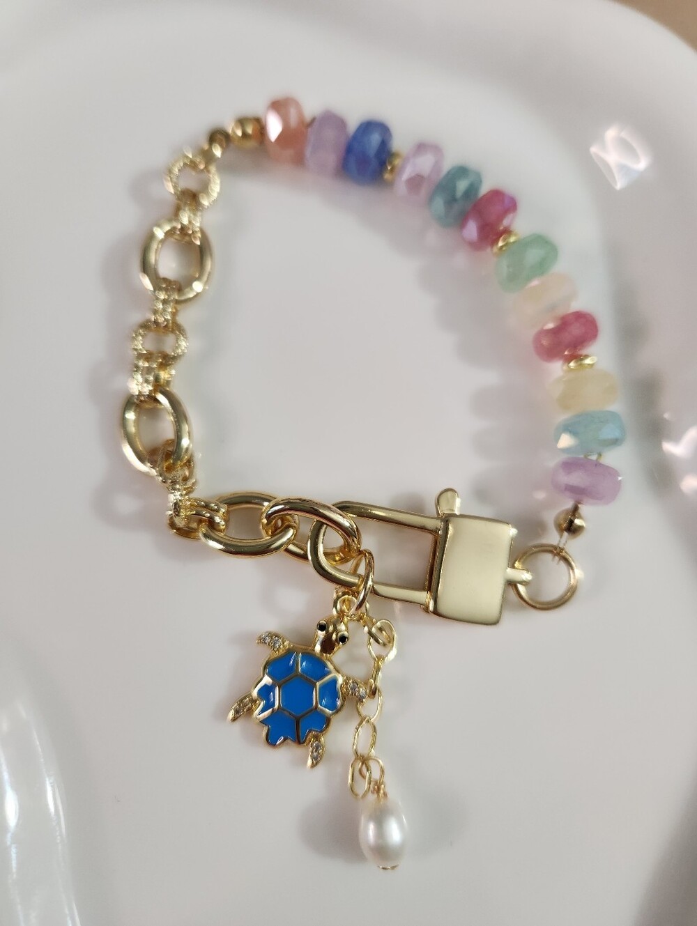 Gold-Plated Iced Candy Beaded Bracelet with Blue Turtle Charm